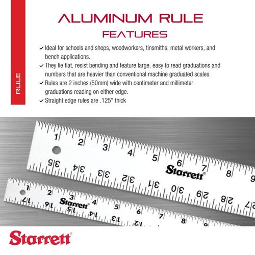 Starrett Straight Edge Aluminum Rule - Ideal for Schools, Shops, Metal Workers and Wood Workers - 48" Length, 2" Width.125" Thickness, 1/8", 1/16" English - ASE-48