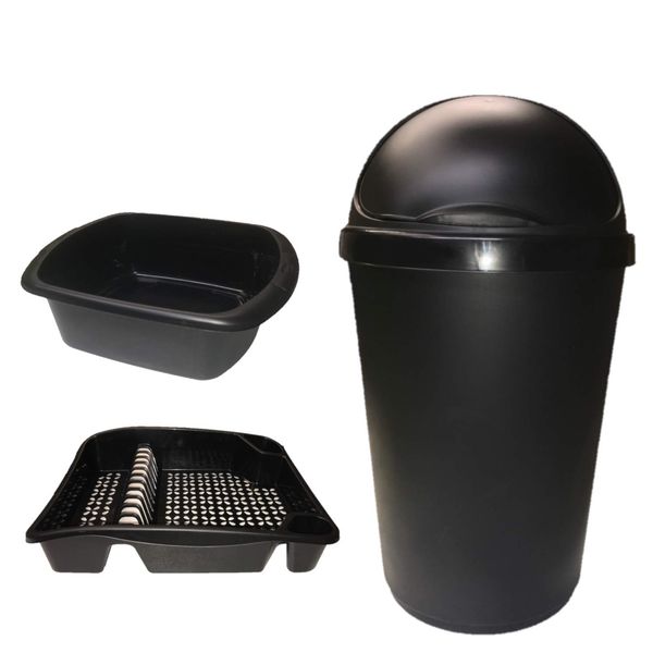 KetoPlastics Black 3 Piece Kitchen Set - Kitchen Bin, Rectangle Bowl and Drainer
