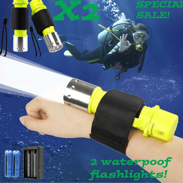 2 Pack Diving Flashlight Scuba Dive Light Waterproof Underwater LED Torch Light 