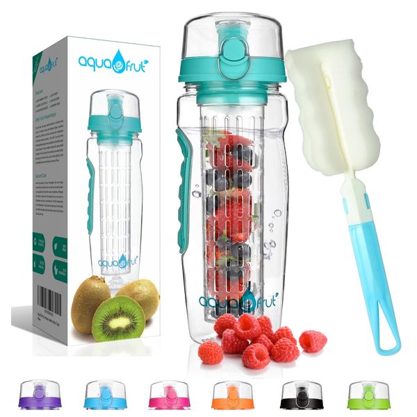 aquaFrut 32 OZ Fruit Infuser Water Bottle BPA-Free Fruit Infusion Sports Bottle - Flip Top Lid w Drinking Spout, Leak Proof, Made of Durable Tritan. Free Recipe eBook! (Teal)