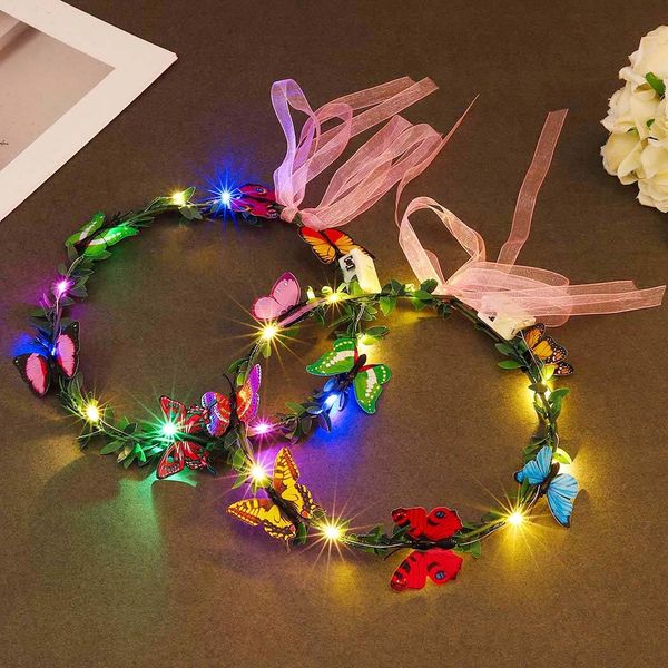 Zoestar Light Up Flower Crown Headbands LED Butterflies Hair Wreath Headband Bridal Leaf Headpiece Festival Garland Headdress for Women and Girls,2 Pcs