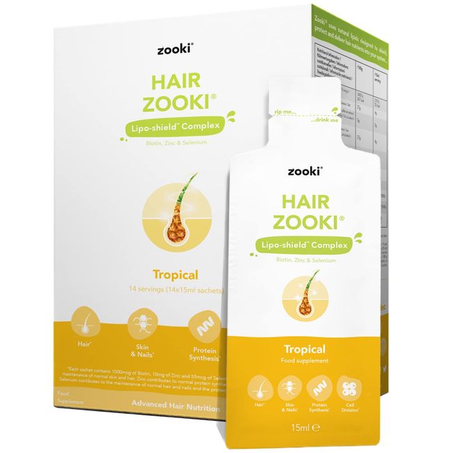 yourzooki HairZooki Hochwirksames Biotin, Zink und Selen, eingehüllt in Lipide für maximale Absorption | Alkoholfrei, vegan, sojafrei, natürliche Inhaltsstoffe (tropisch) (14 Portionen, 1er Pack)