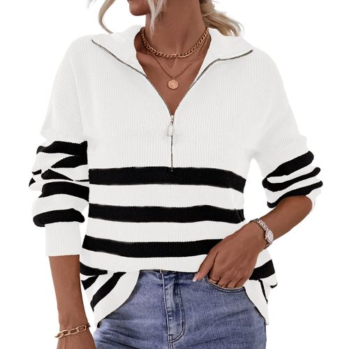 BTFBM Women 2024 Casual Long Sleeve Zip Striped Pullover Sweaters V Neck Collar Ribbed Knit Fall Winter Slouchy Jumpers(Striped White, Small)
