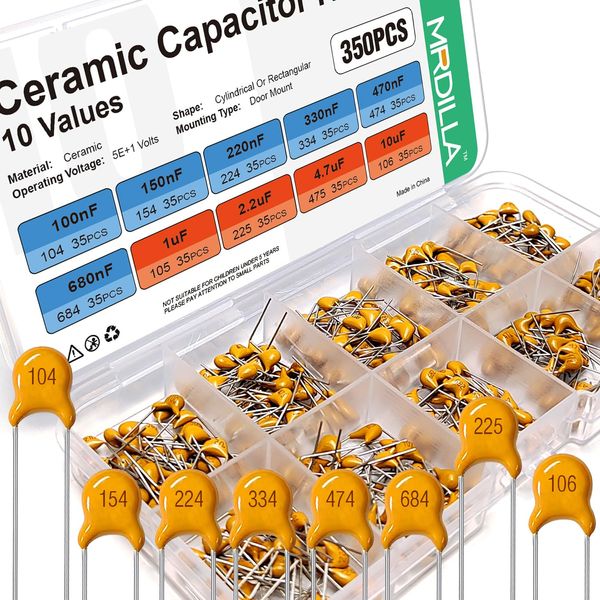 10 Values 350 Pcs Ceramic Capacitor Kit (100nF - 10uF), Multi-Layered Monolithic Ceramic Capacitor Assortment Set 50V