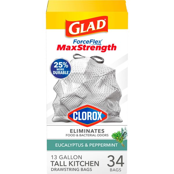 Glad ForceFlex MaxStrength with Clorox Tall Kitchen Drawstring Trash Bags, 13 Gallon Grey Trash Bags, Eucalyptus and Peppermint Scent, 34 Count