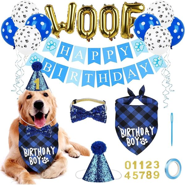 Dog Birthday Party Supplies,Dog Birthday Bandana Hat Banner Set,WOOF Balloons Happy Birthday Banner,Dog Birthday Party Supplies for Pet Puppy Cat Birthday Party Decorations Pink