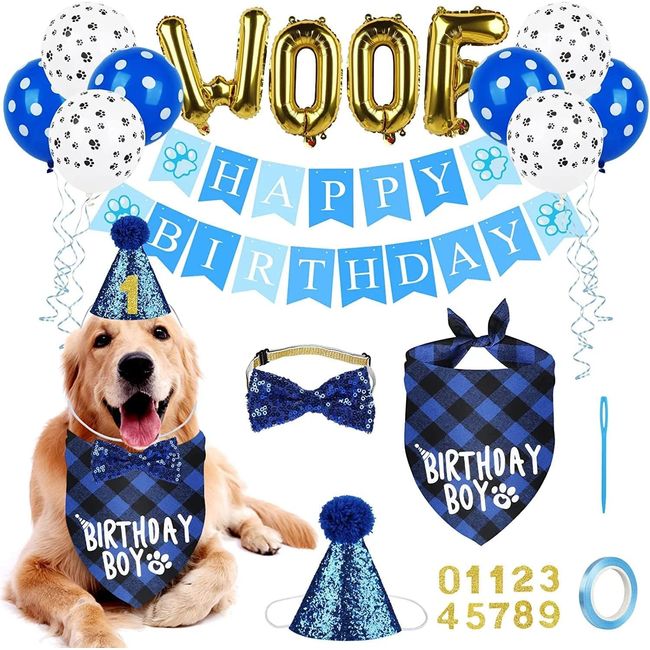 Dog Birthday Party Supplies,Dog Birthday Bandana Hat Banner Set,WOOF Balloons Happy Birthday Banner,Dog Birthday Party Supplies for Pet Puppy Cat Birthday Party Decorations Pink