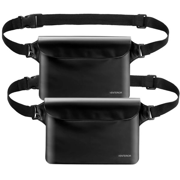 Waterproof Waist Pouch 2-Pack | Beach Accessories Waterproof Fanny Pack Dry Bag for Swimming Snorkeling Sailing Kayaking Pool Water Parks | Keep Your Phone Wallet Safe and Dry (Black & Black)