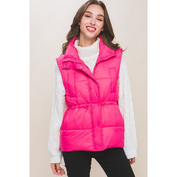 Zip Up Button Puffer Vest With Waist Toggles - M