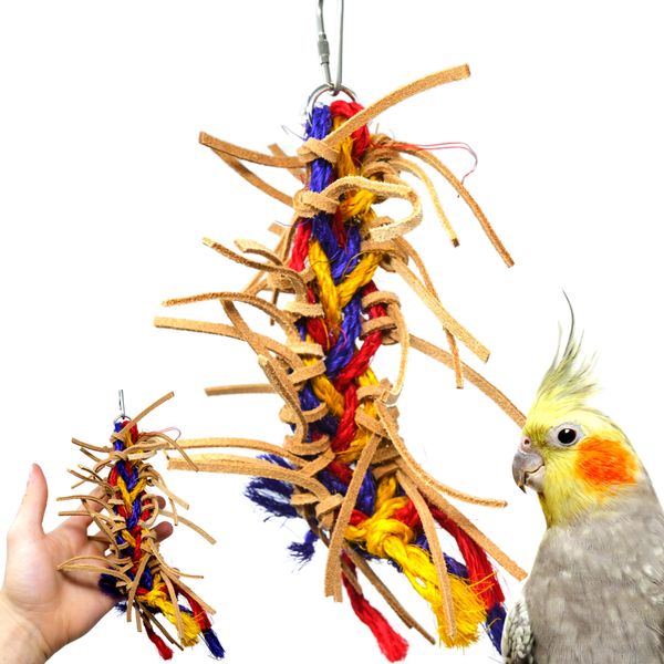 Bonka Bird Toys 2621 Small Leather Braid Chew Preen Parrot Cage Toy, Cockatiel, Parakeet, Conure, and Similar Breed Sizes