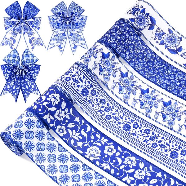 30 Yards Christmas White and Blue Wired Edge Ribbon Chinoiserie Ribbon Floral Bird Ribbon Fabric Ribbons for Crafts Wedding Wreath Bow Wrapping 2.52 Inches by 5 Yards