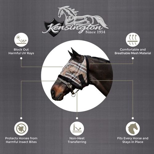 Kensington Fly Mask with Fleece Trim for Horses — Protects Face and Eyes From Flies and UV Rays While Allowing Full Visibility — Breathable and Non Heat Transferring Makes it Perfect Year Round, Large, Deluxe Black Plaid