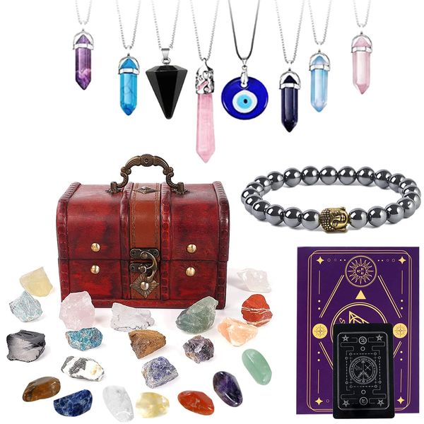 Soulnioi Healing Chakra Crystals Set: 14 Raw Stones, 7 Chakra Stones, 8 Crystal Necklaces, 1 Buddha Head Hematite Beaded Bracelet with Gift Wooden Box for Beginners Reiki Meditation (31 PCS)