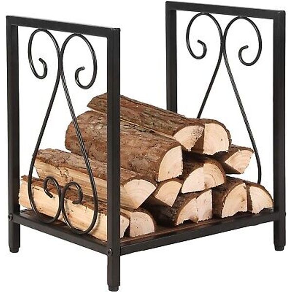 Black Metal and Wood Firewood Rack Fireplace Log Holder, Freestanding Lod Rack