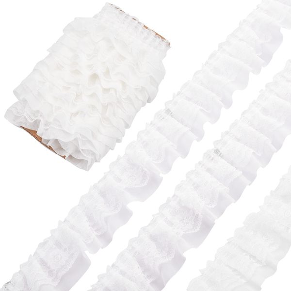 GORGECRAFT 10M 2-Layer White Pleated Chiffon Lace Trim 2 Inch Wide Double-Layer Gathered Ruffle Trim Edging Tulle Trimmings Fabric Ribbon for Home DIY Sewing Crafts Costume Pillowcase Embellishments