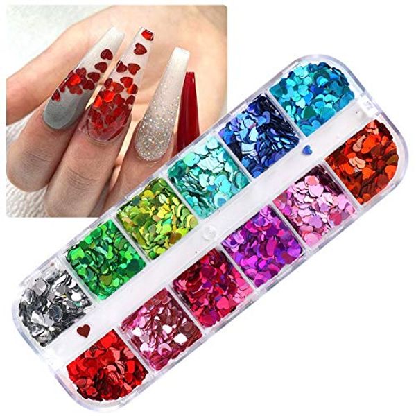 Heart Nail Art Glitter Sequins, CHANGAR 3D Love Heart Nail Art Sticker Decals Holographic Nail Sparkle Glitter for Manicure Make Up DIY Decals Decoration