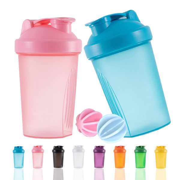 OOTD Protein Shaker Flasche 400 ml Auslaufsicher, BPA Frei, Eiweiß Shaker für Supplement Shakes mit Sieb & Skala, Fitness Mixer für cremige Whey Proteinpulver Shakes, (Blue+Pink(2PCS)