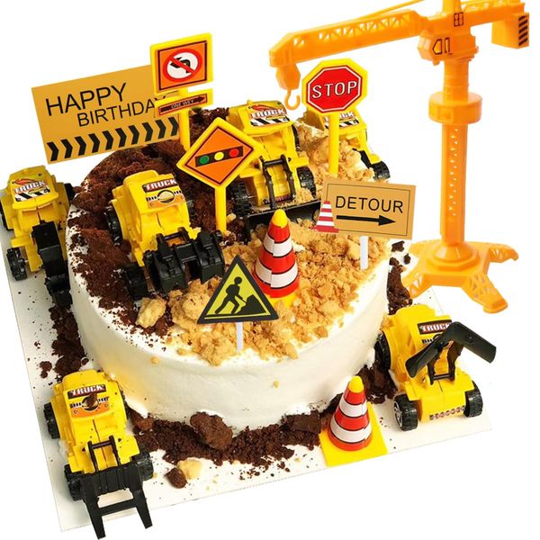 Construction Cake Topper, 18 PCS Construction Cake Decorations Set Excavator Tower Crane Cupcake Topper Traffic and Road Sign Decor Happy Birthday Party Supplies Favors