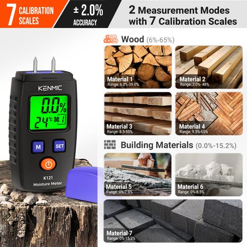 KENMIC Wood Moisture Meter Portable LCD Wood Moisture Detector with Green Backlight, Pin Type Water Leak Detector with 5 Modes for Walls, Wood, Firewood, Lumber, Bricks, Floor