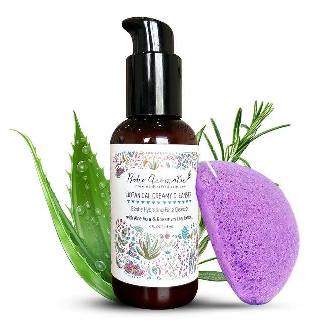 Boho Aromatic Botanical Cream Face Cleanser and Konjac Sponge, Gentle Aloe & Rosemary Leaf Extract Based, Anti Aging, Natural & Organic Face Wash that leaves skin hydrated