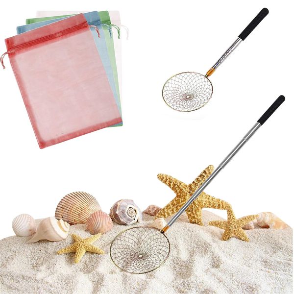 2 PCS Beach Sand Sifter with 4 PCS Shell Collecting Bags, Shark Tooth Sifter Long Adjustable Handle, Sand Scoop Shell Scooper Beach Scoop Shovel and Sifter Tool for Picking Up Shells Beachcombing