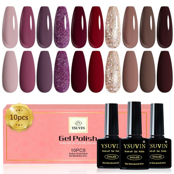 YSUVIN Smalto Semipermanente Unghie, 10 Colori Rosso Scuro Bordeaux Brillante Viola Marrone Glitter Champagne Oro Semipermanenti Soak Off UV/LED Per Autunno Inverno Nail Art Salone, 8 ML