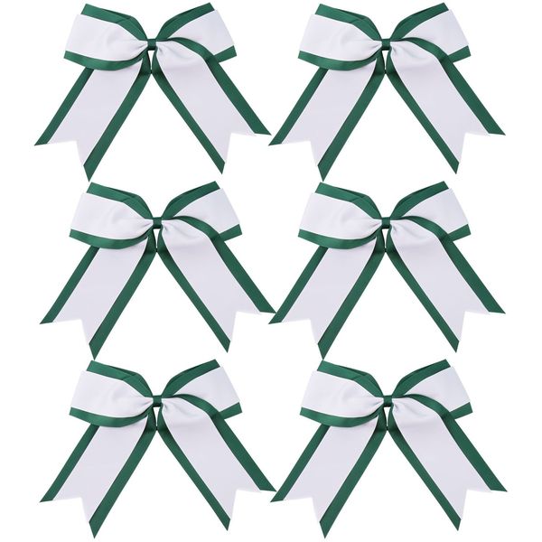 8 Inch 2 Colors Cheerleader Bows 2 Layers 6 Pcs Ponytail Holder Cheerleading Bows Hair Elastic Hair Tie (Forest green/White)