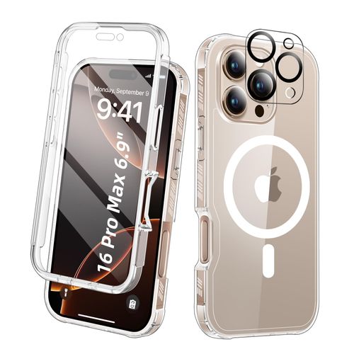 BANLEA Compatible with iPhone 16 Pro Max Case Clear, Built-in Screen Protector, with Camera Lens Protector, [Compatible with MagSafe] Full Body Phone Case, Protective Cover for 16 ProMax 6.9" (Clear)