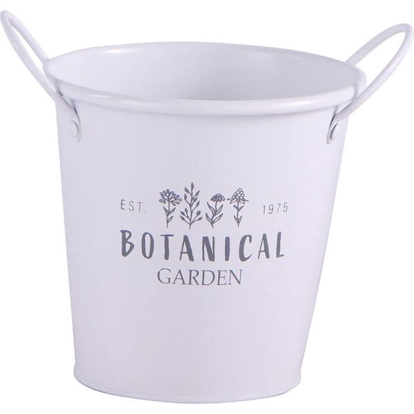 Bestco NE-742 Botanical Garden Pot Round Medium White Small Storage with Plastic Cup Drain Hole Tin