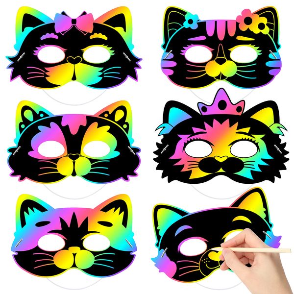 WATINC 24Pcs Cats DIY Scratch Masks, Animal Scratch Paper Mask Art Set for Kids Birthday Party Favors, Halloween Painting Craft Kits Cat Dress Up Costumes Coloring Activity for Boys Girls