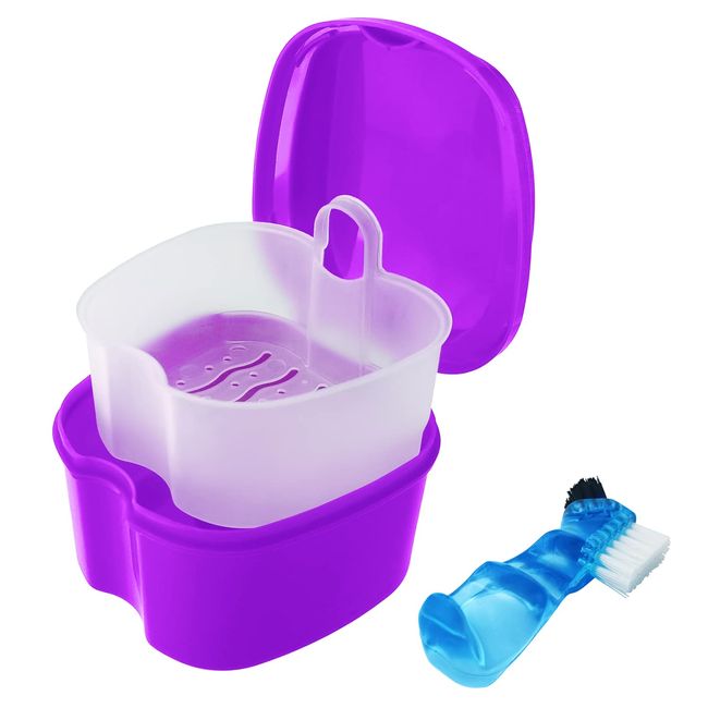 Colorful Denture Bath Case with Brush, Denture Cup Soaking Holder False Teeth Container Mouth Guard Storage Case Cleaning with Lid Waterproof - Purple