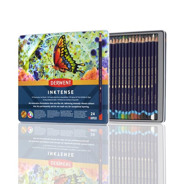 Derwent Drawing Pencils, Inktense, 4mm Core, Metal Tin, Watercolor, 24 Per Pack (0700929)