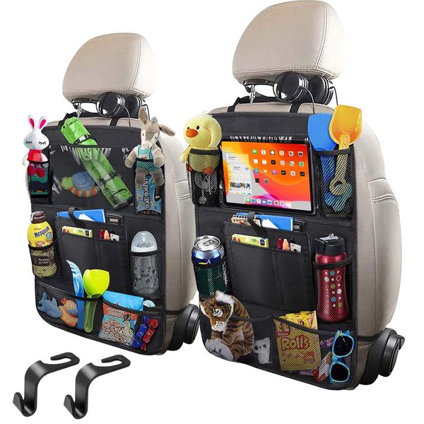 JUCAINHI Car Storage Organizer 2 PCS,Car Backseat Organizer for Kids Durable Waterproof Oxford Fabric with Touchable Tablet Holder 8 Mesh Pockets and 2 Pockets for Snacks Toys,Car Travel Accessories