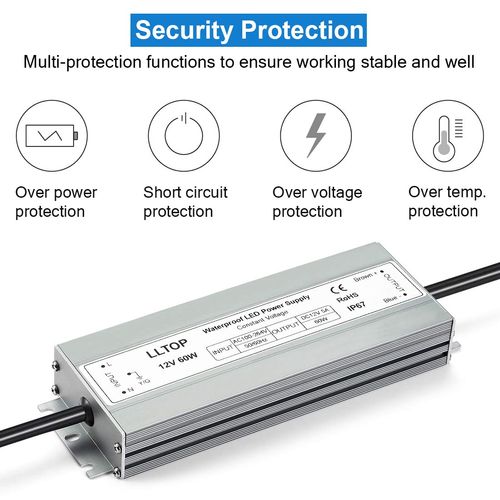LLTOP LED Driver 60 Watts Waterproof IP67 Power Supply AC100-264V to 12V DC 5A Low Voltage Transformer Ultra Thin Adapter for Outdoor LED Lights, Computer Project