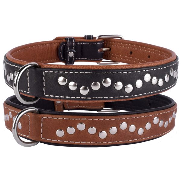 CollarDirect Handmade Studded Dog Collar, Genuine Leather Collar Dogs, Soft Padded Leather Puppy Collar Brown Black Small Medium (Brown, Neck Fit 17''-19'')