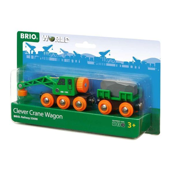 BRIO World 33698 - Clever Crane Wagon Set - 4 Piece Wooden Toy Train Set for Kids | Imaginative Play | Compatibility with Other Sets | FSC-Certified Wood