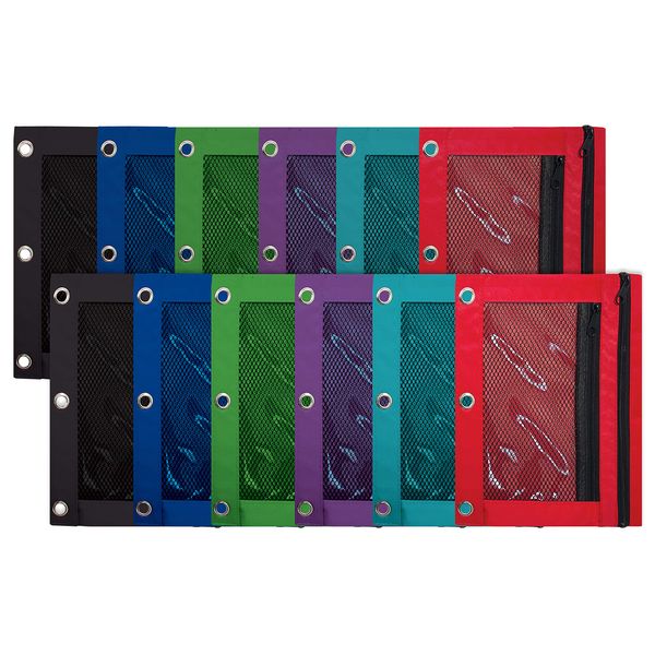 Better Office Products 3 Ring Pencil Pouch, 12 Pack, with Mesh Window, 2 Compartments, Assorted Colors