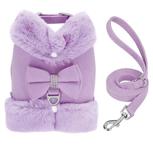 Didog Cute Small Dog Harness and Leash Set, Winter Warm Dog Harness with Bow Tie, Adjustable Soft Padded Puppy Vest with Removable Plush Collar for XS Small Sized Dogs (Purple, S)