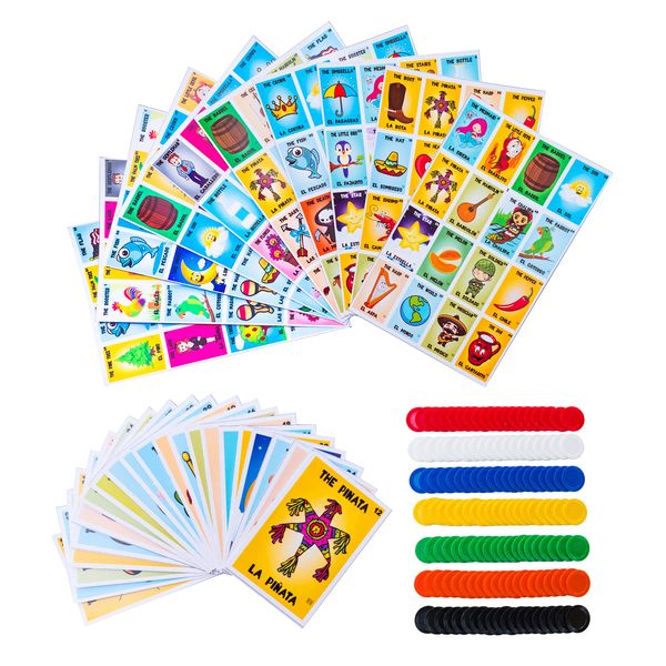 Mexican Bingo Game Kit - Bilingual Game for 10 Players - Includes 1 Deck of Cards and Boards - with 140 Bingo Chips - for The Entire Family - Great for Learning Spanish