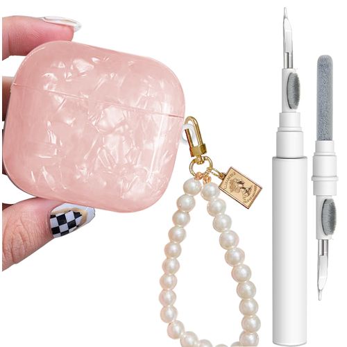 Cute Glitter Case for AirPods 4 - YOMPLOW Case Cover Skin Women Girls with Luxury Pearl Keychain Cleaner Tool for Apple Airpods 4th Generation Charging Case 2024 - Pink
