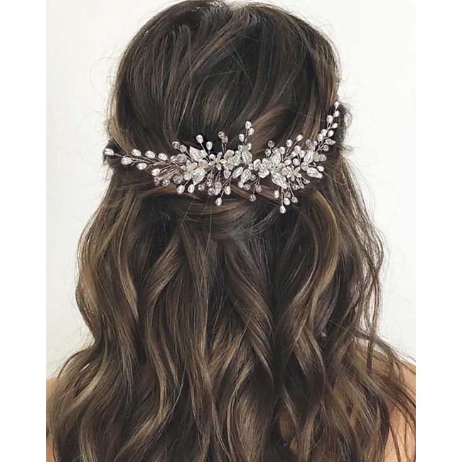 Wedity Braut-Stirnband mit Strass, Silber, Hochzeit, Blume, Haar, Weinblatt, Braut-Haarteil, Perlen, Haarschmuck für Frauen und Mädchen