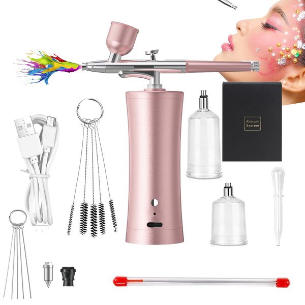 RoseFlower Mini Airbrush Kit with Compressor, Cordless Non-Clogging High-Pressure Airbrush Set with Cleaning Brush Set for Graffiti Painting, Nail Art, Makeup, Cake Decor,Face Spa#Pink