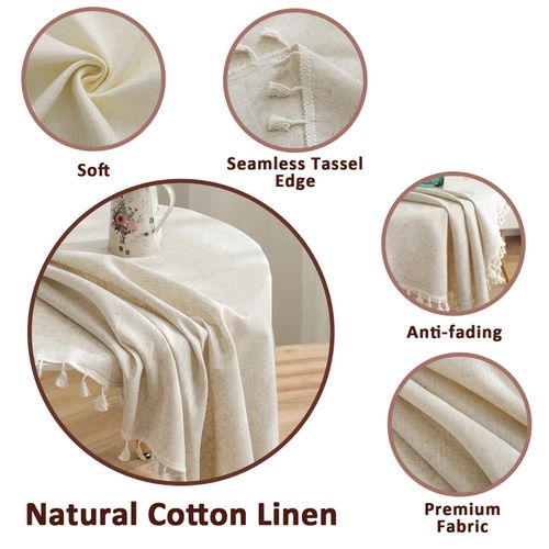 TACYKIBD Table Cloth Round Tablecloth, Cotton Linen Solid Color Tablecloth, Washable Tassel Table Cover Table Linener for Kitchen Dining Picnic Party Christmas Tabletop Decoration (150cm, Beige)