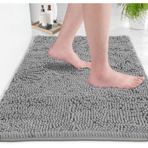 LuxUrux Bath Mat-Extra-Soft Plush Bath Shower Bathroom Rug, 1'' Chenille Microfiber Material, Super Absorbent Shaggy Bath Rug (Light Grey, 60 X 43 cm)