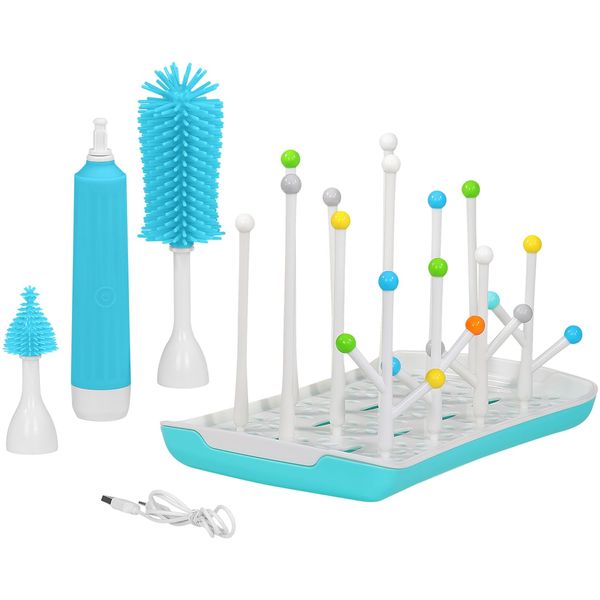 HOMEIFY Electric Bottle Brush Cleaner with Bottle Drying Rack - USB Rechargeable Advanced Travel Bottle Cleaner Kit with Non-Scratch Interchangeable Silicone Brush Heads for Pacifiers, Tumblers & Mugs