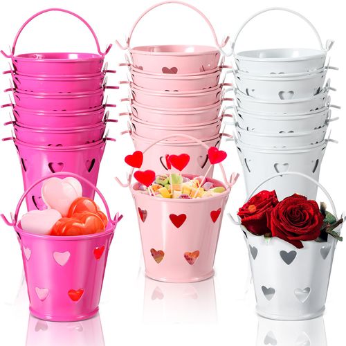Sosation 18 Pcs Valentine‘s Day Small Metal Bucket with Handle Mini Heart Pails Bulk Crayon Pencil Craft Supply Holder for Valentines School Party Favor with Heart Hollow (Rose Red, Pink, White)