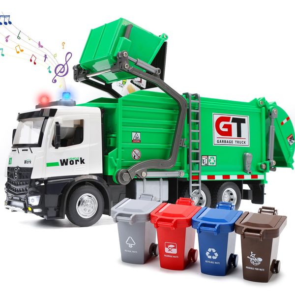 HOLYFUN Garbage Truck Toys Trash Truck with Sound and Light, Friction Powered Truck with 5 Garbage Cans, Push and Go Pull Back Car, for Boys