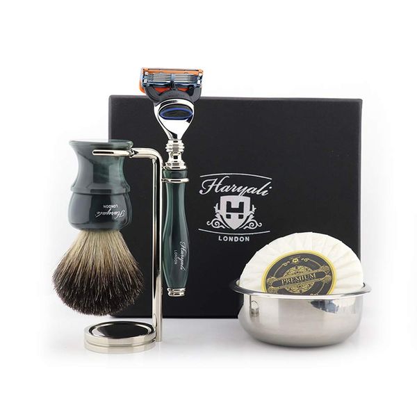 Haryali London Classic Mens Shaving Kit with 5 Edge Cartridge Razor, Pure Black Badger Hair Shaving Brush, Stand, Bowl and Soap Perfect New Year Gift Set for Men