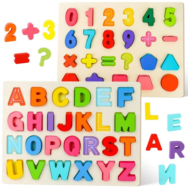 MCPINKY 2PCS Wooden Puzzles for Kids, Alphabet Number Shape Puzzles Montessori Toddler Puzzles Preschool Educational Toys for Boys Girls Birthday Gift