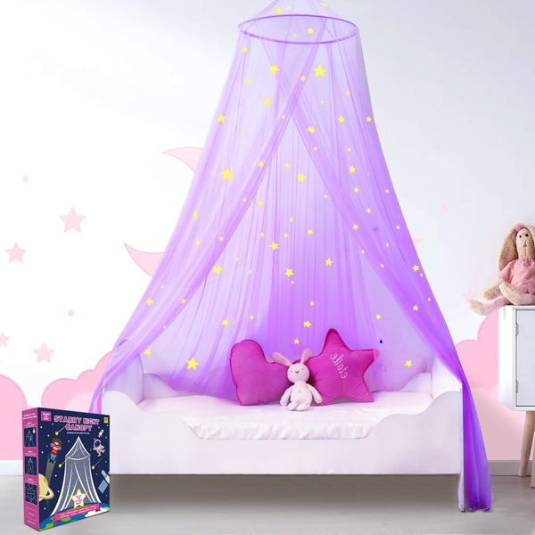 South To East Princess Bed Canopy for Girls with Stars Glowing in Dark, Purple Bed Canopy for Kids, Canopy for Girls Bedroom Decor, Mosquito Net for Cot, Single, Double Bed